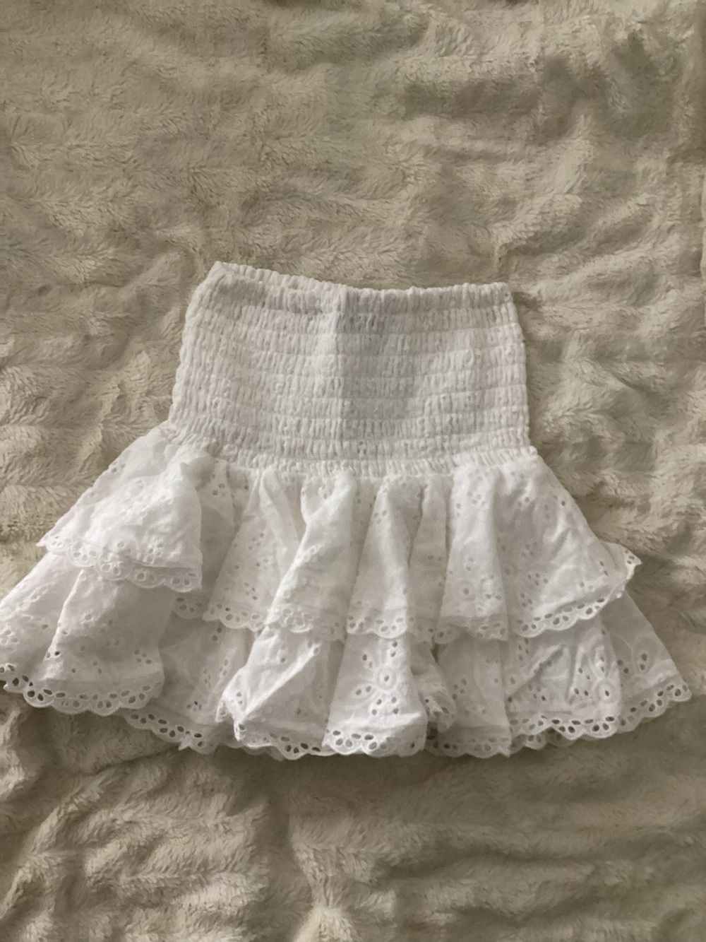 The Reset White Eyelet Tiered Mini Skirt